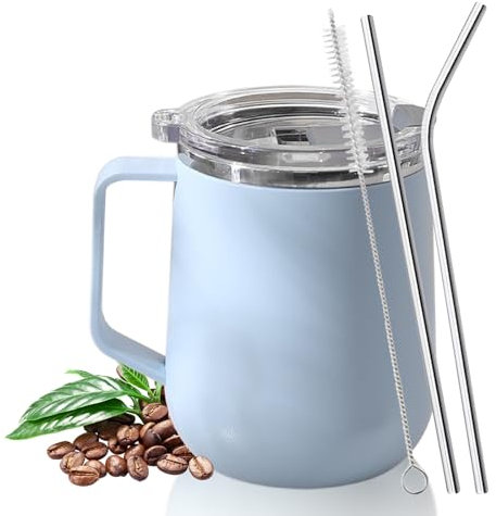 Kytpyi Tazzine Caffe, Tazza Termica, 450ml Doppio Strato Antiscottatura Termos Caffè con Coperchio 2 Cannuccia 1 Pennello, Acciaio Inossidabile Bicchiere Termico per Casa Scuola Ufficio (Blu)