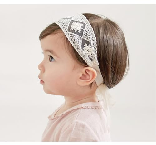 Baby flicka pannband, vitt stretchigt pannband dubbel spets, rosett hårband mjukt babyhårband nylon nyfödd hårprydnad baby presenter för nyfödda (beige nät)