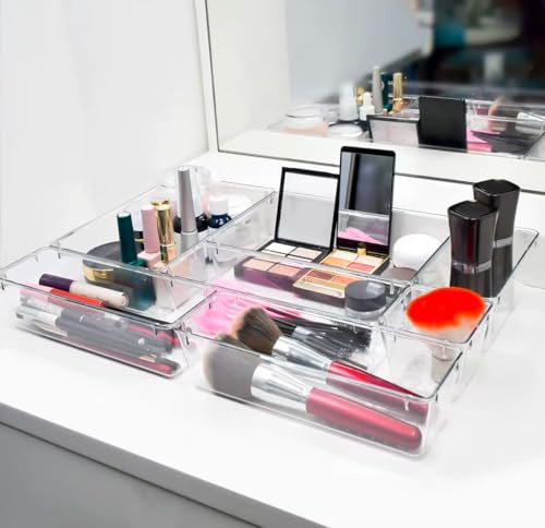 27 Pcs Drawer Organiser, Organisers for Bathroom and Vanity Drawers, Versatile Makeup, Cosmetics, and Utensil Storage for Bedroom, Office, and Kitchen- Cutlery Set Divider In 4 Sizes.