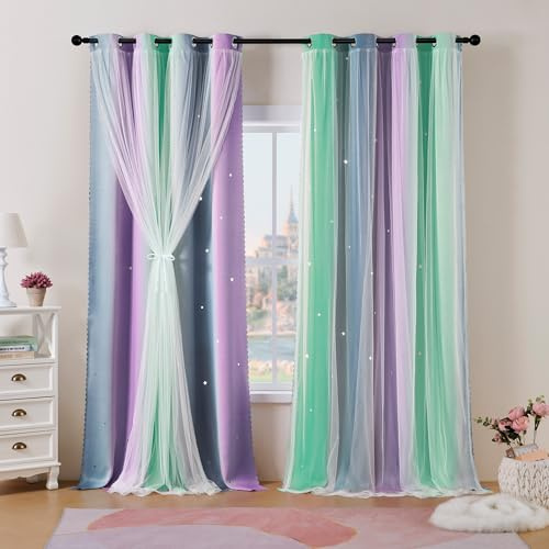 Best Baisite Gardinen Kinderzimmer 2er Set Verdunklungsvorhänge H 200 X B 132cm Doppellagige Vorhänge mit Hohlen Sternen Kinder Mädchen Baby Ösenschal Ösenvorhange Dekoration