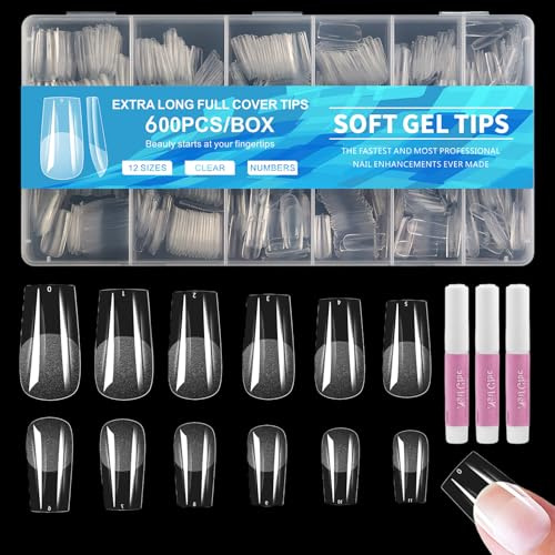600 Stück Press On Nails Kurz Ballerina - Transparente Soft Gel Tipps für Acrylnägel, Nagelkunst, Full Cover fingernägel zum aufkleben Tips mit nagelkleber - Für Frauen DIY Gel Nageldesign zu Hause