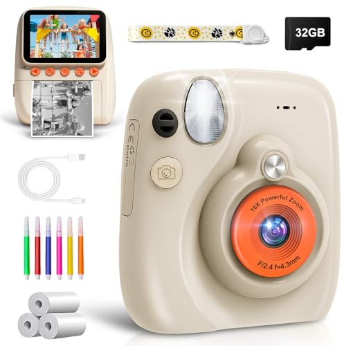 Grutoly Appareil Photo pour Enfants, 48 MP Appareil Photo Instantané pour Enfants avec Écran 3 Pouces, Carte 32 Go, Papier d'impression et Crayons de Couleur pour Filles Garçons 3-12 Ans