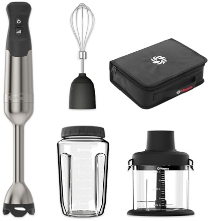 Vitamix 5-Speed Immersion Blender 5-Piece Bundle, 625-Watt Motor, One-Handed Operation, 5 ft cord, includes Mini-Chopper, Blending Jar, Whisk Attachment & Storage Case, Stainless Steel/Black