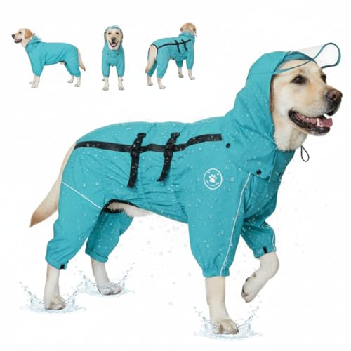 Wasserdichter Hunderegenmantel Leichter hundepullover mit integrierten beinabschlüssen und Abnehmbarer Kapuze, wasserdichter Regenmantel für mittel große Hunde Windjacke (Blau, 5XL)