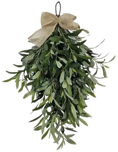 Künstlicher Olivenkranz mit Sackleinenschleife, 61 cm Langer Tropfen-Swag für Haustür, Wand und Hochzeitsdekoration