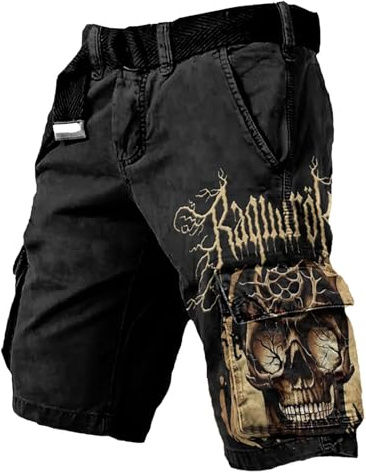 Generisch Mitologia nordica, pantaloncini cargo da uomo, corti, bermuda, pantaloni cargo retrò, medievale, vintage, con tasche, Streetwear Y2K, Nero 4, XL