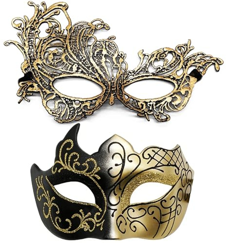 hommova 2 PCS Masquerade Masks for Couple Women Men, Half Face Lace Masquerade Ball Masks for Parties and Bars Halloween Venetian Carnival Party