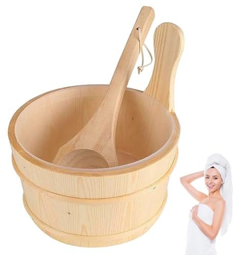 Cubo y cucharón para sauna, cubo de agua para sauna de madera de gran capacidad con revestimiento de plástico, suministros de accesorios de baño para la sala de vapor del hotel en casa y juego de cuc