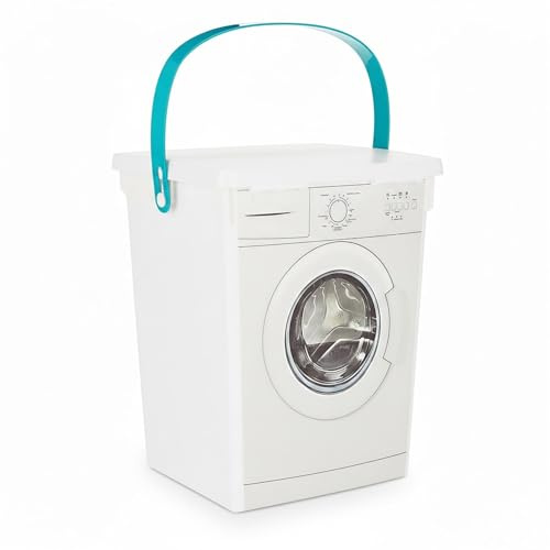 GEEZY Washing Powder Storage Container with Lid & Handle 5L - Washing Machine Shaped Laundry Detergent Box for Powder, Pods or Dishwasher Tablets - Utility Room Storage Solutions & Organiser