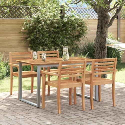 VIHHQGC Gartentisch Grau 140 x 80 x 75 cm Massivholz Akazie 4 Stühle Set Outdoor Esstisch für Terrasse Gartenmöbel Stahlrahmen Wetterfest
