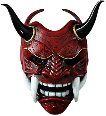 Xweptuy Oni-mask, skrämmande latex i full ansikte, japansk Hannya-mask med tänder och oxhorn, 11 x 9,5 skräck djävulsmasker för halloween, maskerad, cosplay-rekvisita, röd