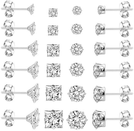 12 Pairs Cubic Zirconia Stud Earrings – Hypoallergenic Stainless Steel Earrings Stud for Women Men – Square Cut Simulated Diamond Stud Earrings – Cartilage Piercing Jewelry Set for Sensitive Ears