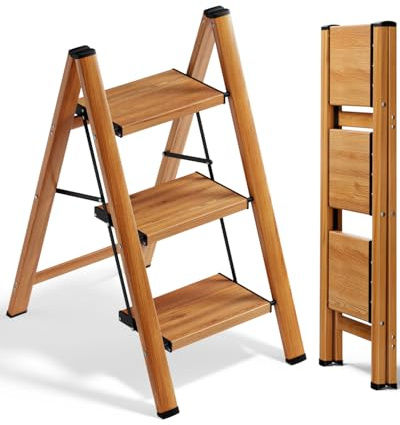 SOLADDER 3 Step Ladder, Folding Aluminum 3 Step Stool with Anti-Slip Wide Sturdy Pedal, Multi-Use for Home and Kitchen Use, Space Saving-Woodgrain(300 lbs Capacity)
