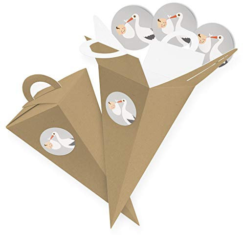 itenga 24x Geschenktüte Gastgeschenk Schultüte Braun 14 cm mit Sticker Aufkleber 2,5 cm Storch Geburt Taufe