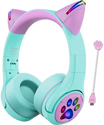Riwbox Kids Bluetooth Headphones, CF9 Cat Ear Headphones with LED Light, Boom Mic&Built-in Mic for Calls, 85dB Volume Limited Kids Headphones Wireless&Wired for School Tablet PC Phones (Green)