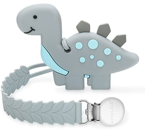 Teething Toys for Babies, Baby Teethers with Clip Silicone Baby Teether Toys for Boys and Girls Infant Teething Relief for Teething Dinosaur Shape, Gray