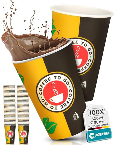 Commerline Pappbecher 300 ml Ø80 mm, 100 Stück, Kaffeebecher to go | Coffee to Go Becher, Papierbecher aus Hartpapier, Einweg Kaffeebecher für Büro, Gastronomie, Catering & Kaffee