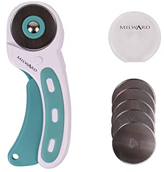 Milward 45mm Rotary Cutter & 5 Spare Blades, Ergonomic Handle with Safety Lock, Left & Right-Handed Fabric, Leather, Crafting, Sewing, Quilting, Fabric Rotary Cutter, Turquoise & White