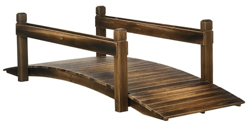 Outsunny 7.5' Wooden Garden Bridge with Planters, Stained Finish Arc Footbridge with Safety Railings for Backyard, Pond Stream, Stained Wood