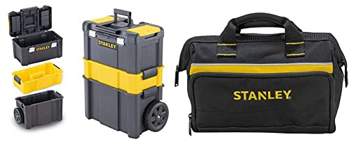 STANLEY Essential Rolling Workshop Toolbox, 3 Tier Stackable Units, STST1-80151 & Tool Bag 30 x 25 x 13 cm in Resistant 600 x 600 Denier with 8 Interior 2 Exterior Pockets and Reinfored Base 1-93-330