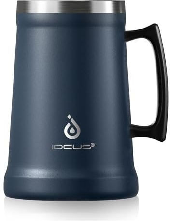 Ideus Insulated Beer Stein, 24/32oz Stainless Steel Double Walled Beer Mug Giant Bar Drinkware Metal Beer Cup with Big Grip Handle (Navy Blue, 34oz (1,000ml))