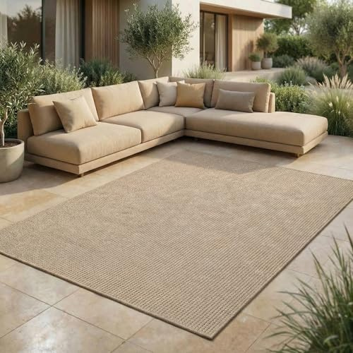 Jimri Alfombra para Interiores y Exteriores, Resistente a la Intemperie, para balcón, terraza, jardín, salón, Cocina, Resistente, Resistente a los Rayos UV y al Agua, tamaño 160 x 220 cm, Color Beige