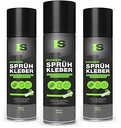Spraytive 3 adesivi spray Power da 500 ml: per tessuti, tessuto non tessuto, schiuma, pelle, baldacchino, moquette, carta e molto altro ancora – Forte adesione permanente con regolazione variabile