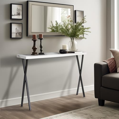 Wohnando Konsolentisch Schmal 100x25x80 cm - Modernes Sideboard Weiß | Flurtisch in Marmor-Optik mit hellgrauem Eichendekor, schwarze Metallfüße, ideal als Beistelltisch oder Sofatisch.