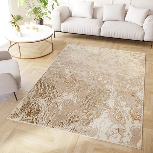 TAPISO Crystal Teppich Kurzflor Glänzend Beige Marmoreffekt 200 x 300 cm | 3D Effekt Wohnzimmer Schlafzimmer Modern Design OEKO-TEX