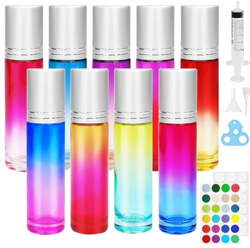 Ysimple 9 Roll On Flaschen 10ml, Glasflaschen für Ätherische Öle | Roll On Flasche Ätherische Öle mit Edelstahlkugel, Tropfer und Etiketten für Öle, Parfüm und Massage