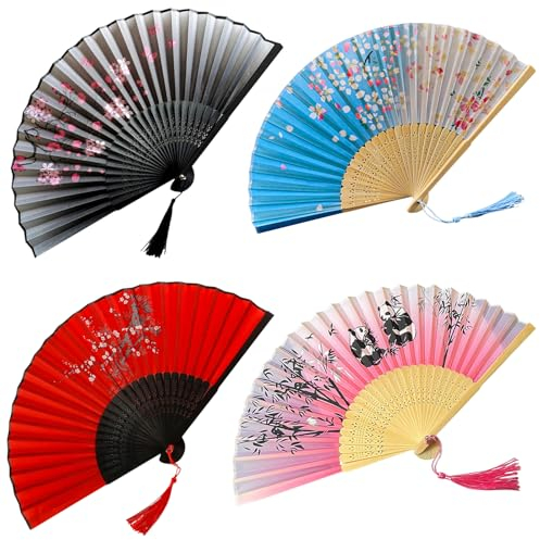 CaiTang 4 Pezzi Ventagli Pieghevoli da Donna, Ventaglio di Carta Portatile, Ventaglio Matrimonio, Ventagli a Mano in Bambù con Nappine in Tessuto di Seta per Matrimoni, Regalo, Decorazione da Parete