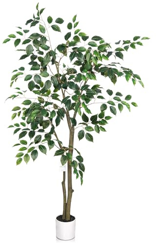 Leflos 150cm albero artificiale di Ficus per interni, pianta di ficus tropicale realistica in seta, rami e foglie regolabili, deco per soggiorno, ufficio, festa & celebrazione