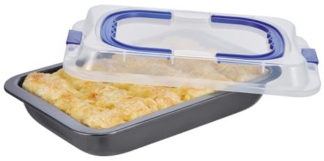 Spetebo Stampo per torta in metallo con coperchio e maniglia – 37 x 25 cm – Stampo per dolci con coperchio in plastica – Stampo per il trasporto per feste Butler