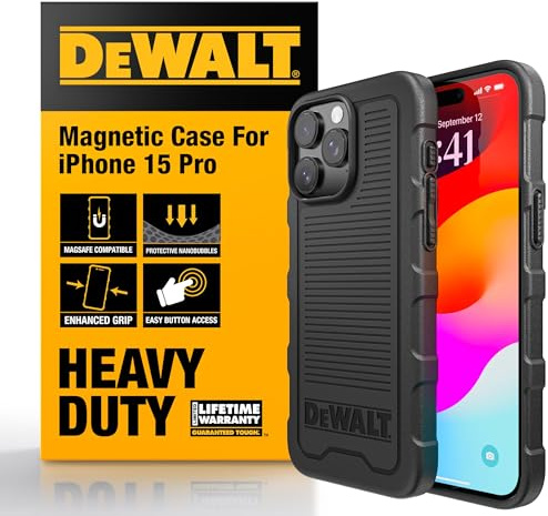 DEWALT Heavy Duty Custodia con Magnete Potente per iPhone 15 Pro Compatibile MagSafe, Cover Posteriore Protettiva Antiurto, Resistente alle Cadute, Slim Fit Shockproof, Nero Opaco | Custodia posteriore protettiva per iPhone 15 Pro, adatta a MagSafe, resistente alle cadute, antiurto, sottile, opaca