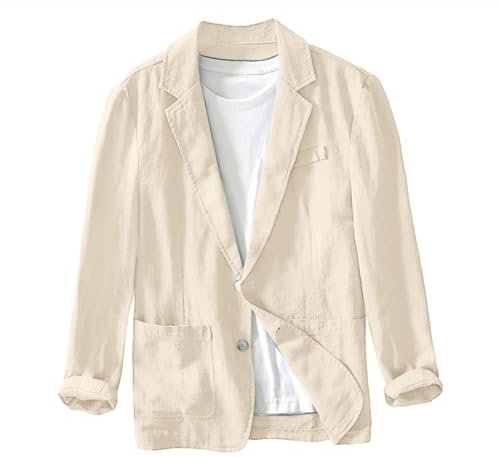 Men's Linen Blazer, Business Solid Color Suit with Turn-Down Collar, Loose & Versatile Casual Sport Coat with Double Pockets