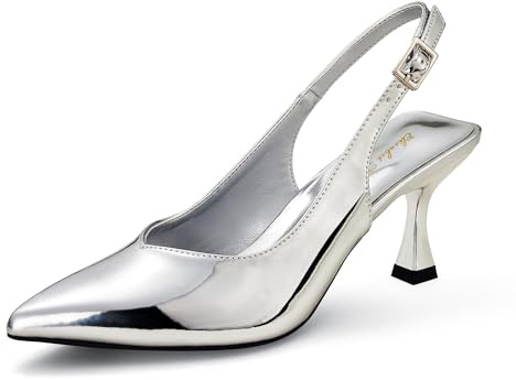 Zhabtuc kvinnors kattunge häl slingback låga pumpar 7,6 cm stilett spetsig stängd tå eleganta dressy brud bröllopsfest skor, Silver patent, 38.5 EU