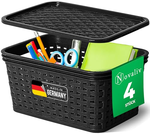 Novaliv 4er Set Elegante Aufbewahrungskörbe mit Deckel in Rattan-Optik | Schwarz Lebensmittelecht Kunststoff 2L ? für Büro und Zuhause. Vielseitige Kisten zur Aufbewahrung. Ideale Aufbewahrungsbox