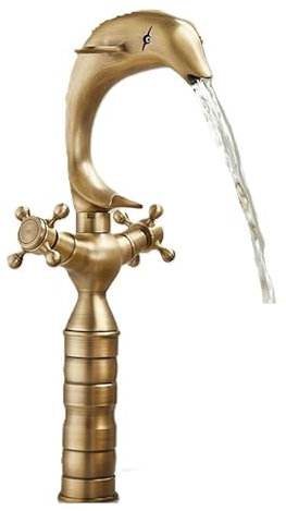 Rubinetto per lavabo Antico Interamente in Rame Rubinetto per lavabo da appoggio Rubinetto a Doppia Maniglia per Acqua Calda e Fredda antispruzzo, Antico Alto