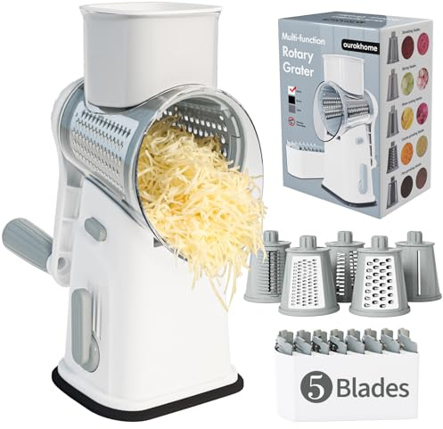 Ourokhome Rotary Cheese Grater Cheese Shredder, Mandoline Vegetable Slicer with 5 Interchangeable Blades and Strong Suction Base for Fruit, Vegetables, Nuts White
