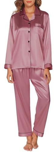 GAESHOW Conjunto de Pijama de Seda de Satén para Mujer, Conjunto de Manga Larga con Botones, Ropa de Dormir, Ropa de Descanso, Conjuntos de Dos Piezas, S-XXL(L)