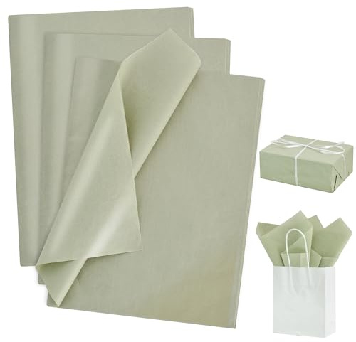 RIBBOOO Lot de 100 feuilles de papier de soie vert sauge - 50 cm x 30 cm - Grand format - Pour emballage cadeau, bouquet de fleurs, loisirs créatifs, anniversaire, mariage, remise de diplôme