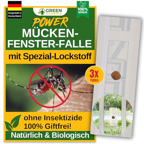 GREEN GUARDIA Mücken Fenster-Falle mit Spezial-Lockstoff - 3X Fallen - umweltfreundlich Mücken bekämpfen, Chemiefreie Falle mit starker Klebefläche, giftfrei & geruchsneutral