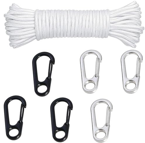 Flag Pole Rope, 16m Flagpole Rope with 6 Flag Clips, Durable Flag Pole Accessories for Home, School, Government, and Commercial Events, Black and White Flag Clips Included