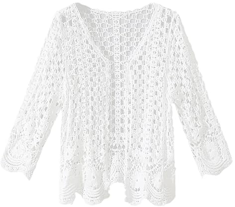 Cardigan Grandes Tailles Crochet Tricot Fleurs Couverture Avant Ouvert Vague Mesh Manteau de Plage Tunique Manches Longues, Blanc., taille unique