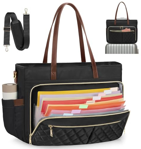 RAINSMORE Teacher Tote Bag 15.6 Inch Laptop Bag for Women Work Bag with Accordion File Organizer Pocket & Insulated Pocket Nurse Bag College Laptop Tote Bag for Women Computer Briefcase Work Tote