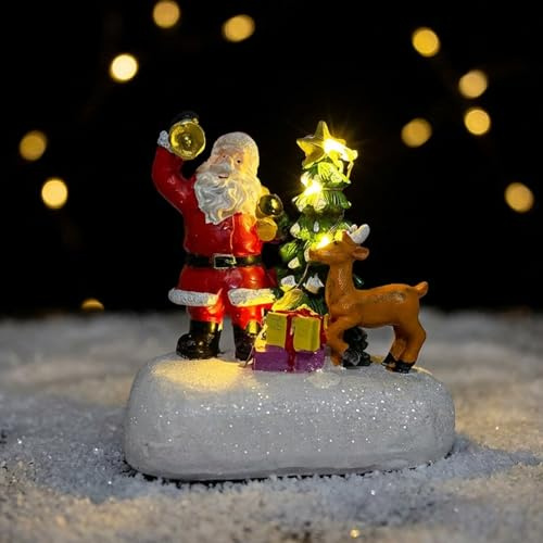 Royaya Figurine Père Noël avec arbre enneigé lumineux, résine peinte à la main, scène de Noël avec cerf et cadeaux, décoration d’hiver animée mini statue lumineuse X‑mas pour décoration de table intér