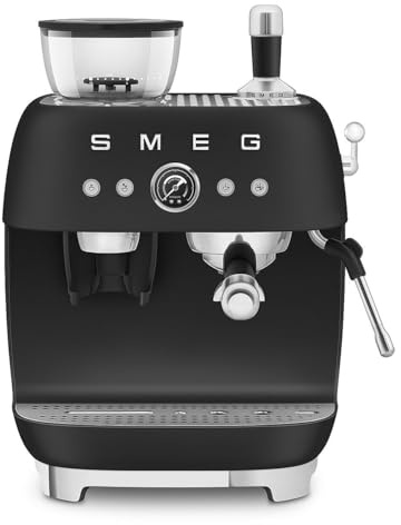 Smeg, Machine à Café Expresso Manuelle EGF03BLMEU, avec Broyeur à Grain Intégré, Thermoblock, 4 Niveaux de Température, Buse Vapeur et Manomètre, Réservoir 1 L, Dimensions Compactes, 1350W, Noir Mat