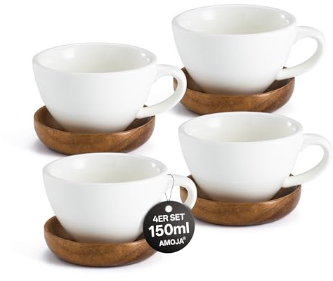 AMOJA 4er Set Espressotassen mit Untertassen – Weiß, 150ml Dickwandige Keramik-Espressotassen Set, Lang Warm Haltend, Stapelbares Design & Spülmaschinenfest