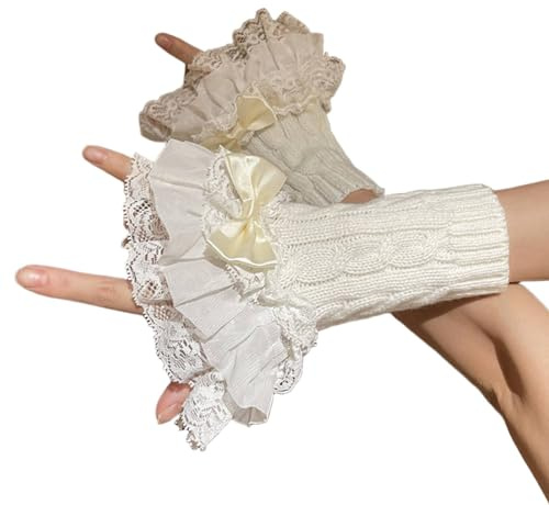 FUFUFARYA Women' s Arm Warmers White Cute Y2K Lolita Arm Sleeve for Girls Lace Bow Trim Knit Grunge Fingerless Gloves