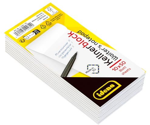Idena 12282 - Kellnerblöcke 10 Stück mit je 50 Blatt, Notizblock im Format 7 x 15 cm, 70g/m² Papier blanko und kopfgeleimt